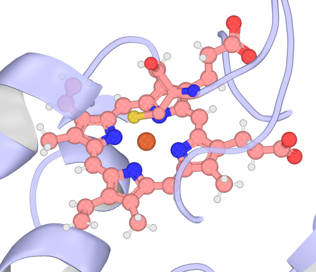 Ball-and-stick render of the 4ZF6 iron site: heme and cysteine donors with slate balls on the five donor atoms around the red iron sphere