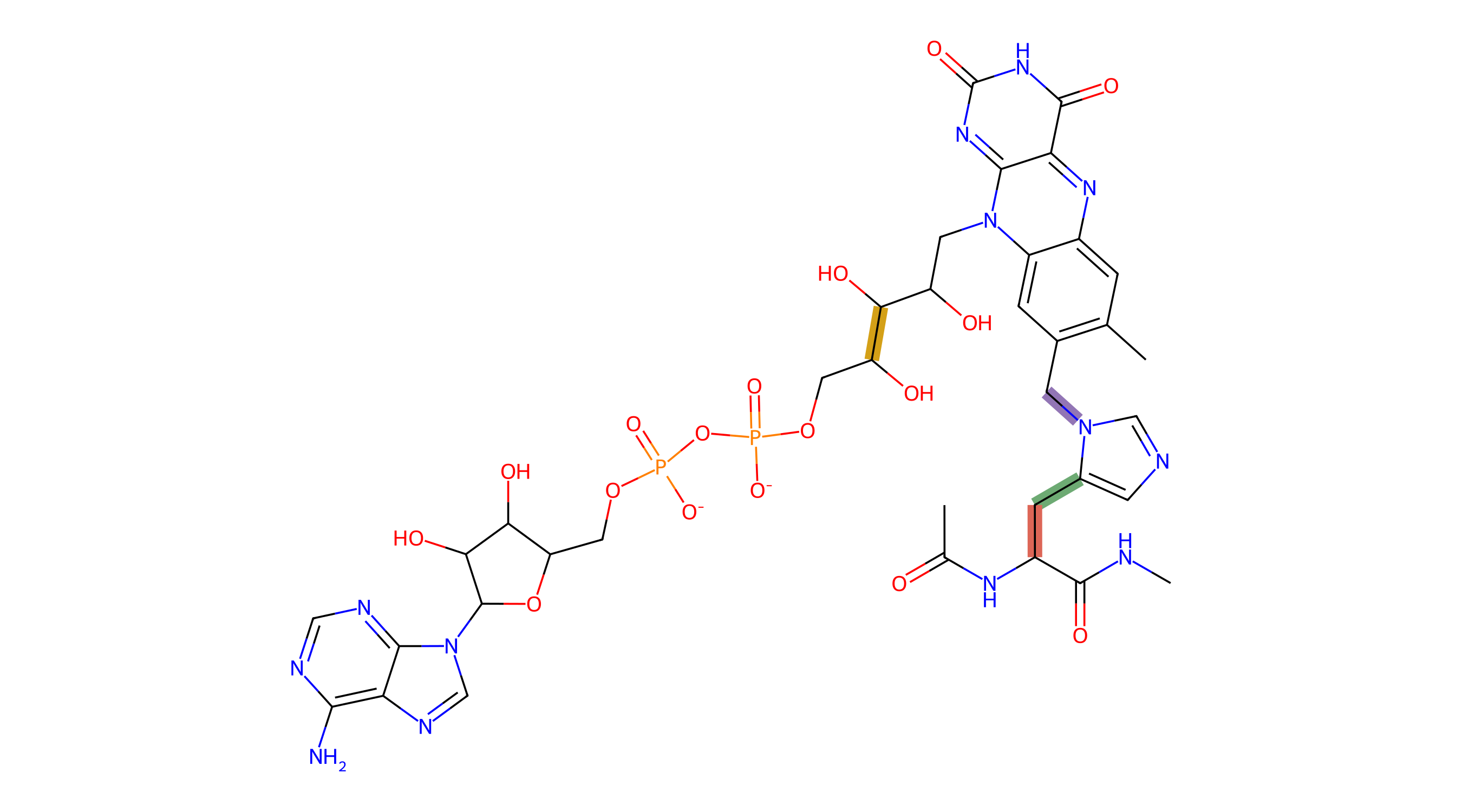 Render of the capped HF1 residue with the four fitted rotatable dihedrals highlighted in different colors — chi1 and chi2 on the histidine sidechain, the covalent His-FAD link, and the ribityl chain C8-C9