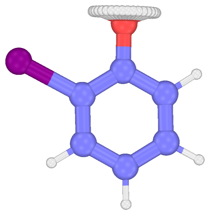 Ball-and-stick render of o-iodophenol: a benzene ring bearing a large iodine ball and a hydroxyl group